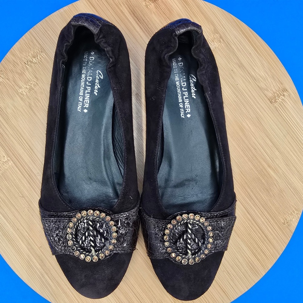 Donald Pliner Couture Suede Leather Flats‎ Embellished Buckle Slip On Shoes
